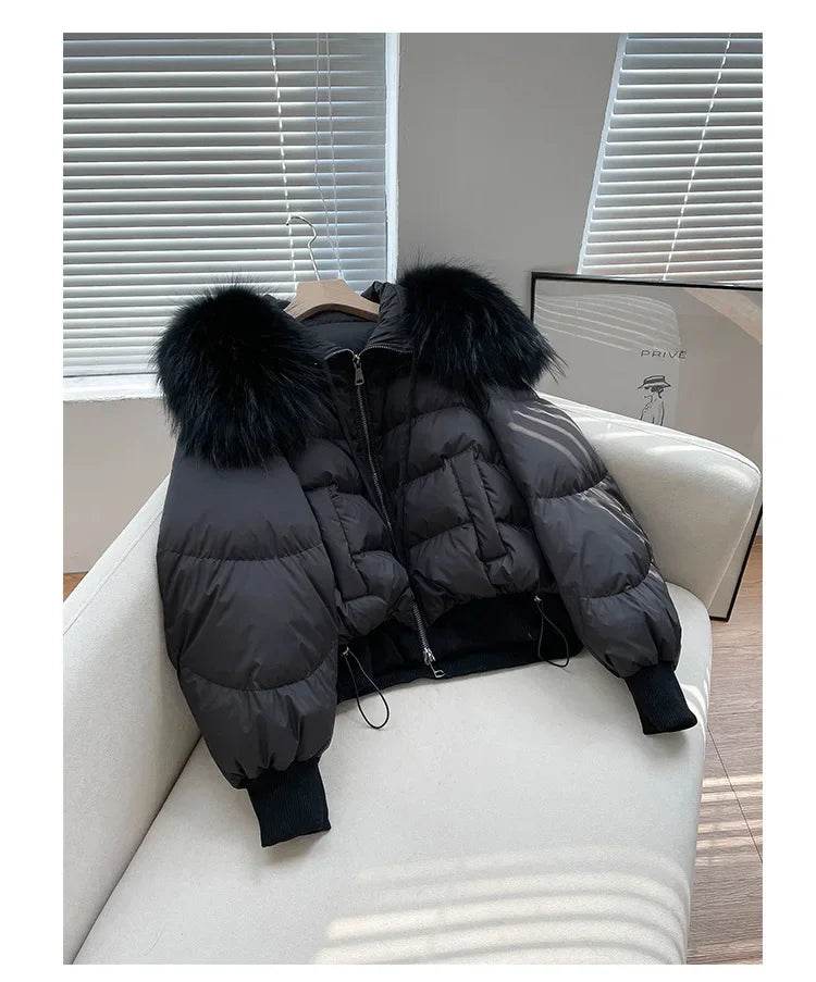 Women's Winter Down Jacket - Cropped Style with Fox Fur Collar - Buy Center US