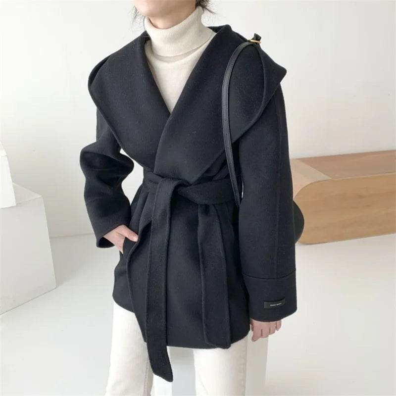 Ladies Hooded Lace Up Woolen Jacket - Elegant Vintage Outerwear - Buy Center US