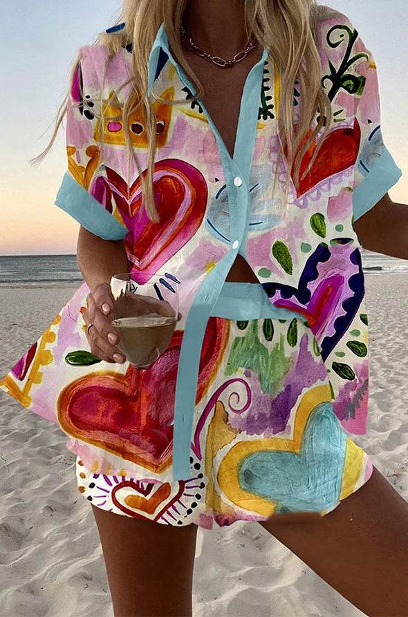 Women's Summer Print 2-Piece Beach Set - Casual Short Sleeve Top - Buy Center US