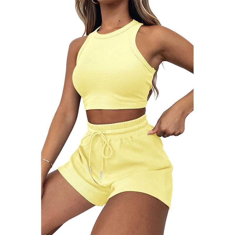 Women's Waffle Textured Shorts Set - Breathable O-Neck Crop Top - Buy Center US