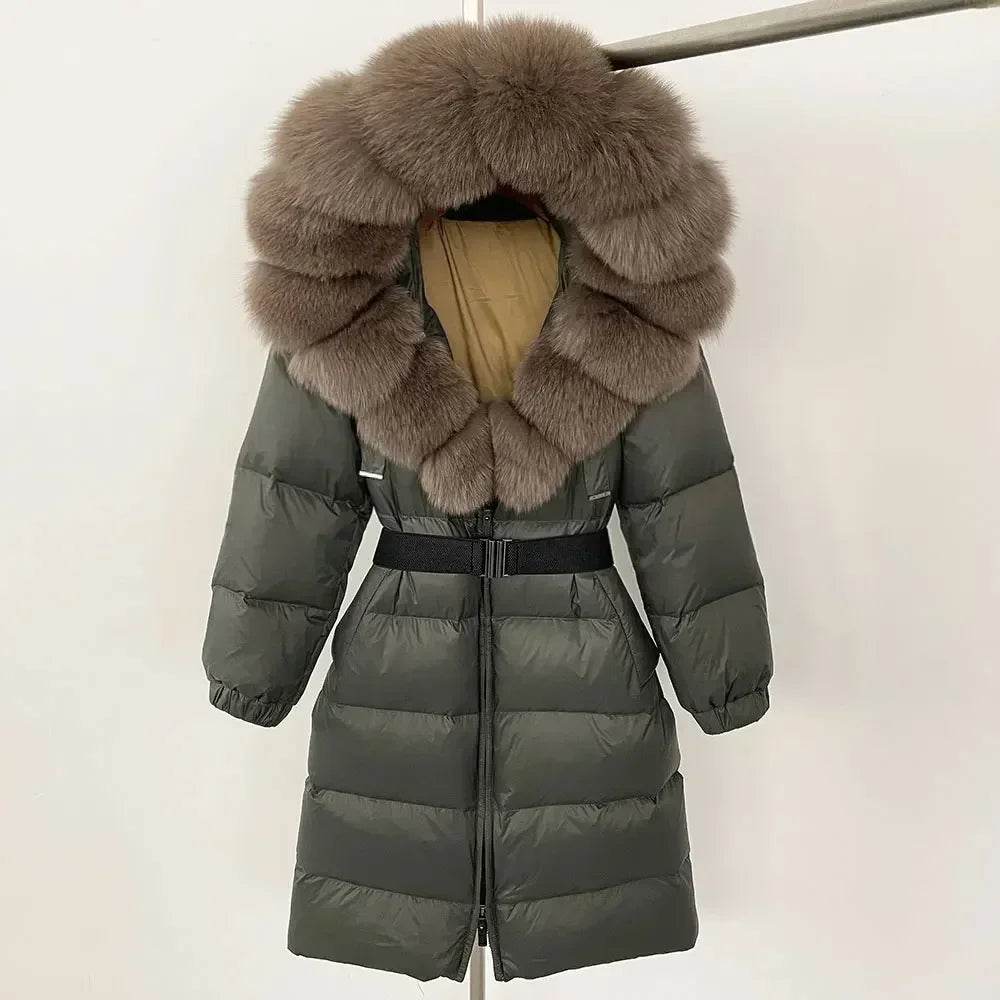 Warm Long Winter Jacket for Women - 90% White Duck Down, Fox Fur Collar - Buy Center US