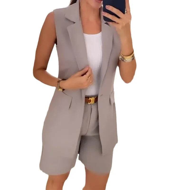 Elegant Women’s Two Piece Short Set - Sleeveless Blazer & Shorts - Buy Center US