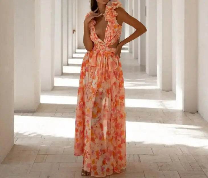 Izmestyeva Floral Backless Dress - Sleeveless V-Neck, Ruffle Trim - Buy Center US