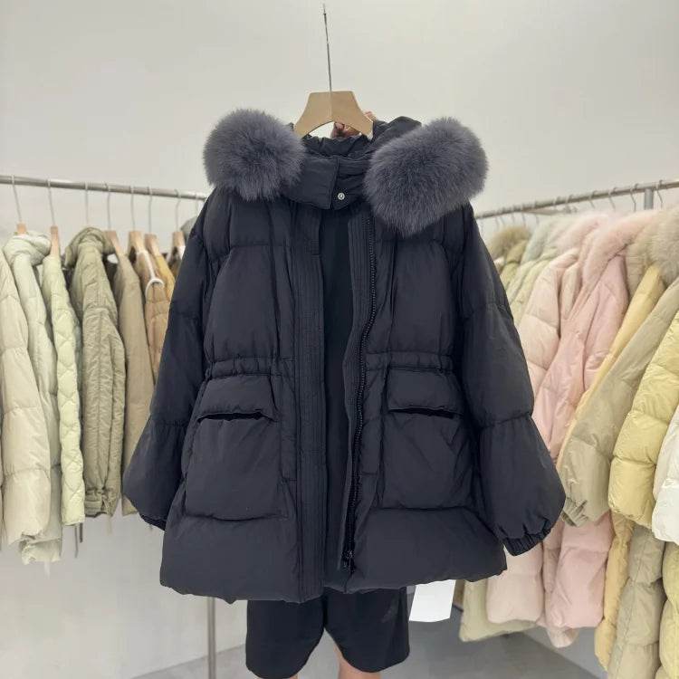 LAJWMPLX Women’s Winter Puffer Coat - Real Raccoon Fur Hood, Waterproof - Buy Center US