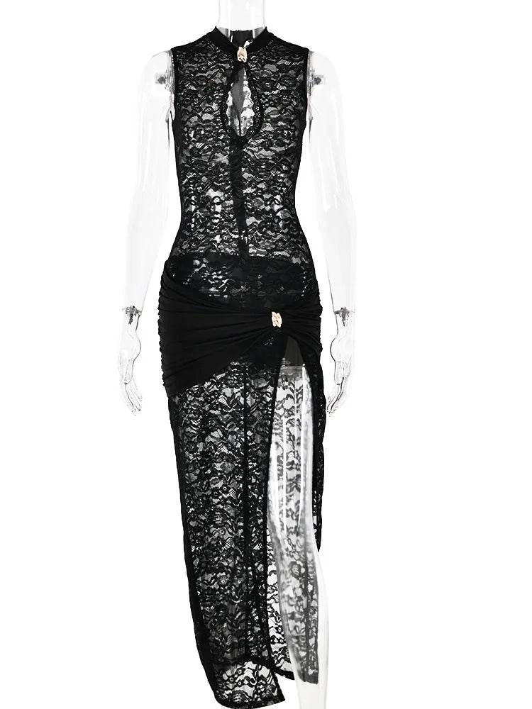 Fantoye Elegant Maxi Dress - Sexy Lace Hollow Slit for Parties - Buy Center US