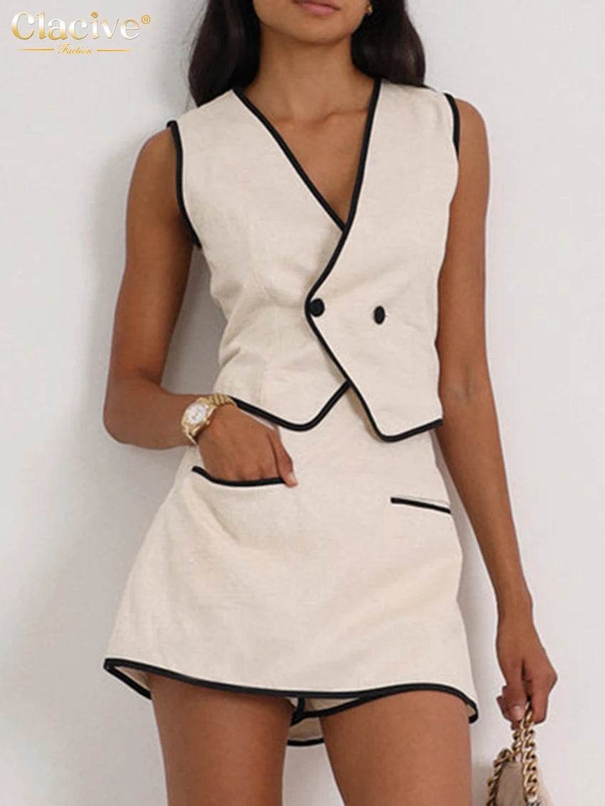 Clacive Women’s Summer Slim Khaki Outfit - Sleeveless Top & Shorts - Buy Center US