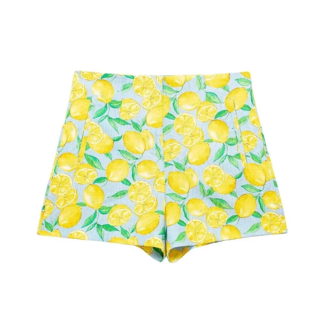 TRAFZA Lemon Print Summer Shorts Set - Casual Lace-up Blouse & Shorts - Buy Center US