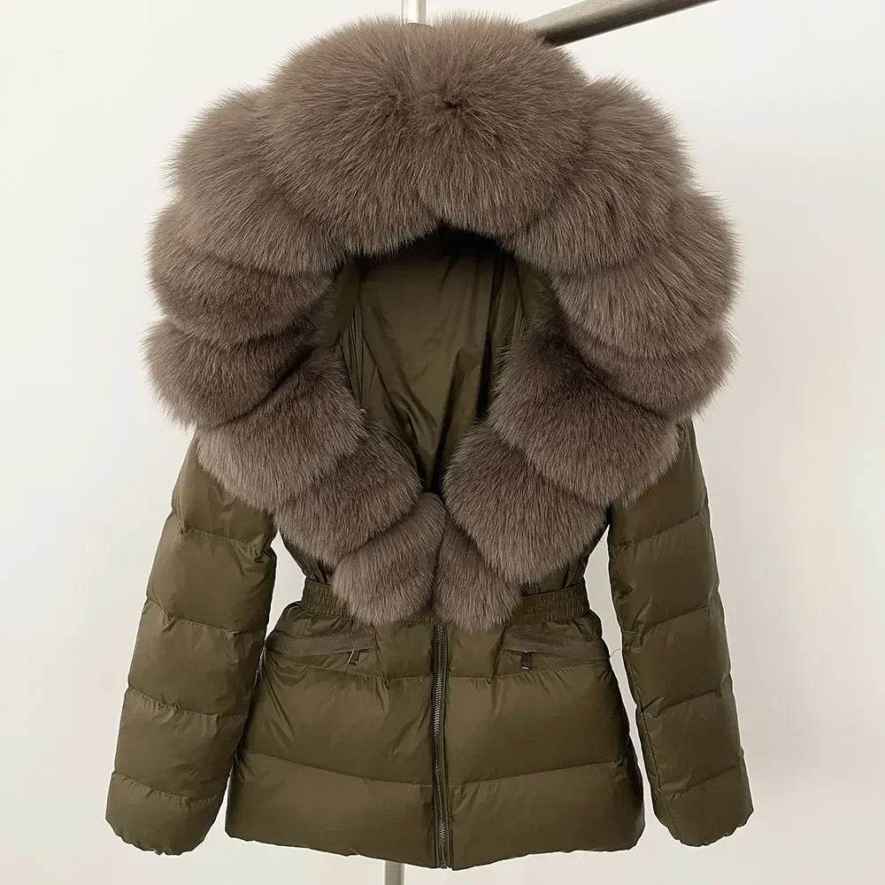 Women's Hooded White Duck Down Coat - Real Raccoon Fur Collar - Buy Center US