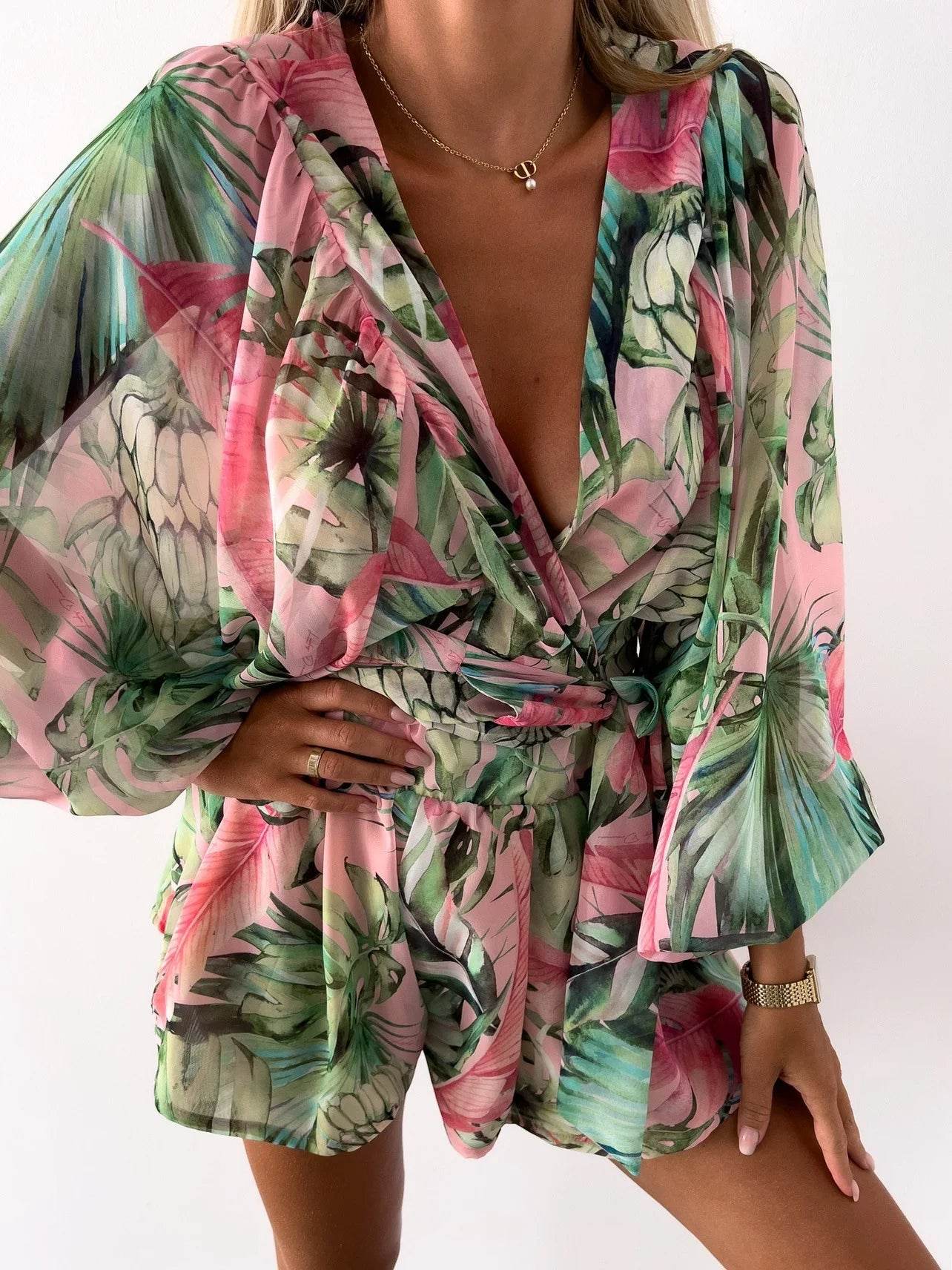 Summer Boho Deep V Neck Set - Casual Lantern Sleeve Top & Shorts - Buy Center US