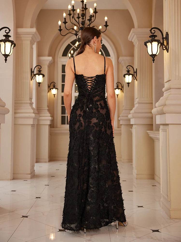 Mingmingxi Black Appliques Maxi Dress - Elegant Formal Party Gown - Buy Center US