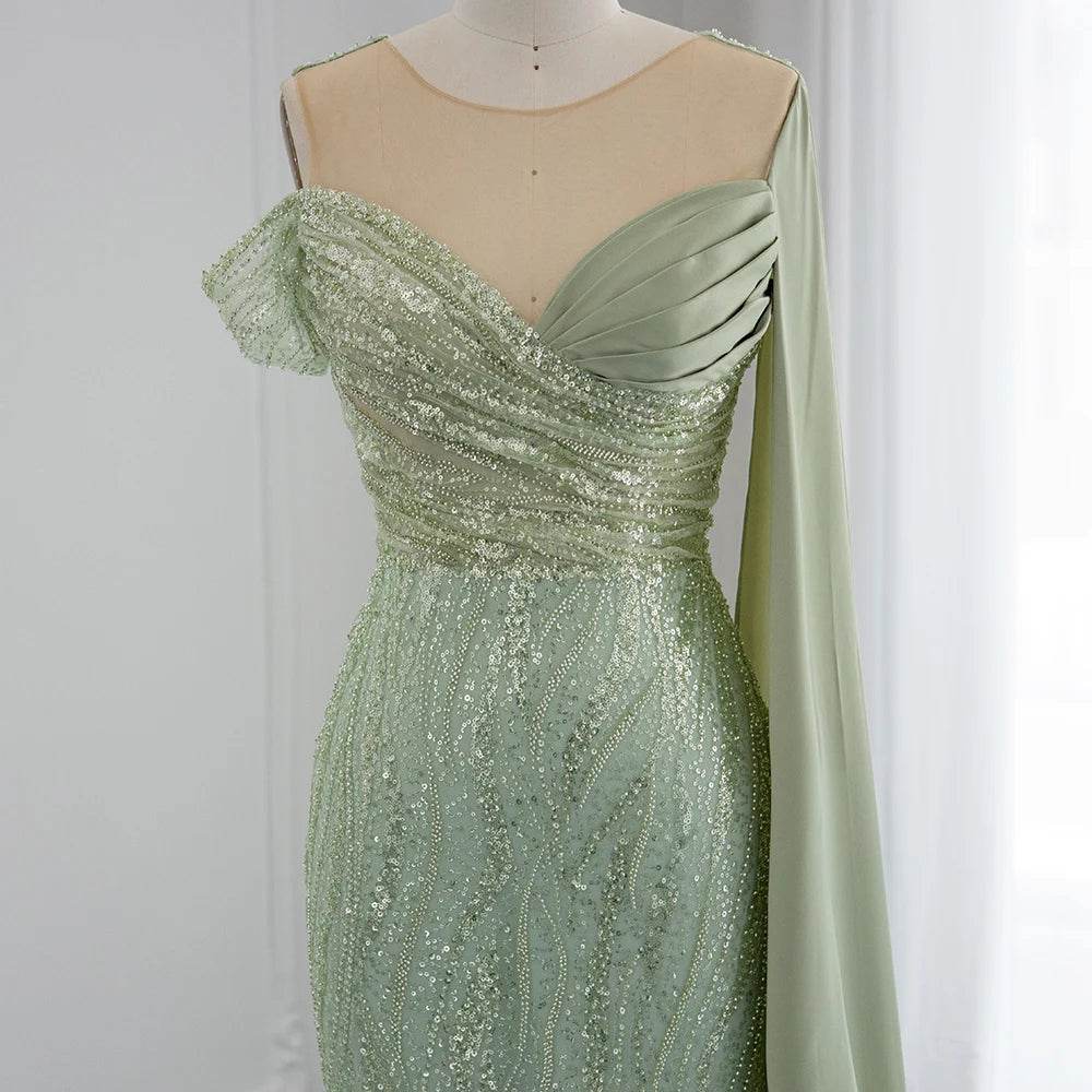Sharon Said Sage Green Mermaid Evening Dress – Off The Shoulder Cape - Buy Center US