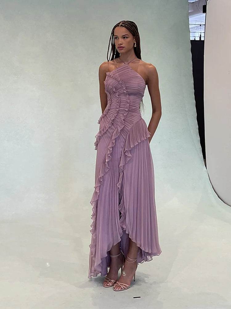 Women's Elegant Purple Halter Neck Maxi Dress - Summer Vacation Style - Buy Center US