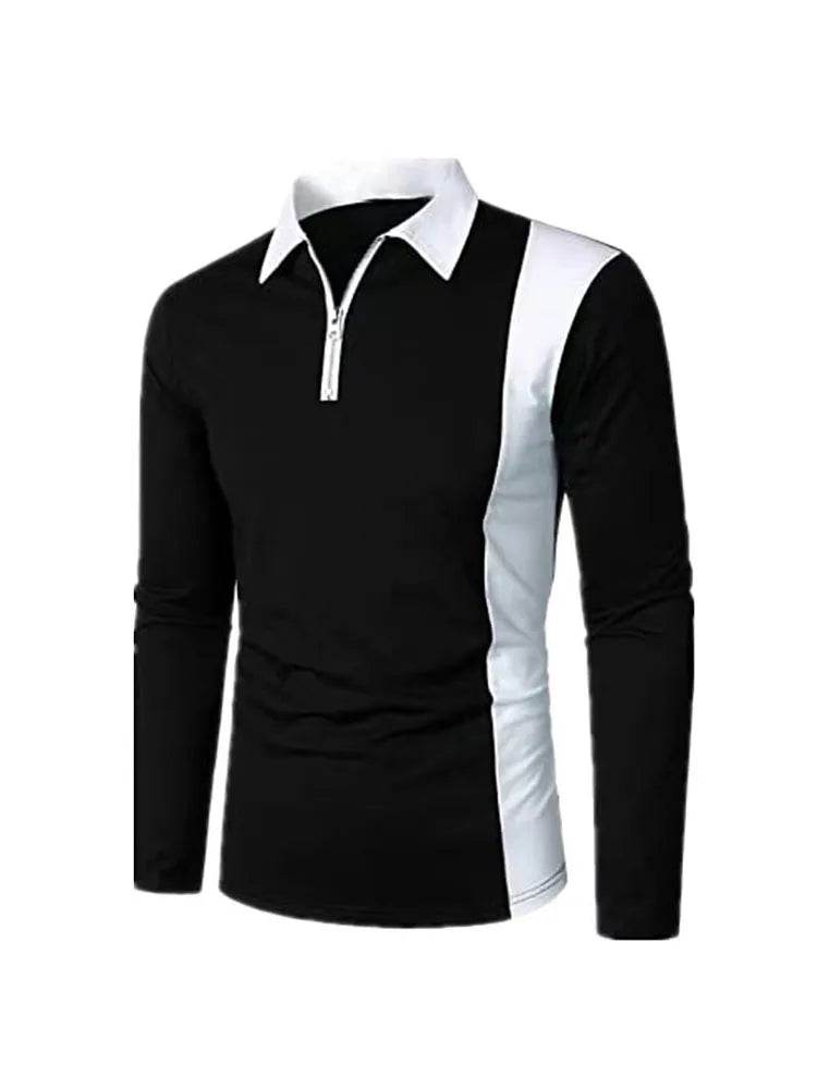 Men's Long Sleeve Contrast Color Patchwork Polo Shirt - Stylish & Breathable - Buy Center US