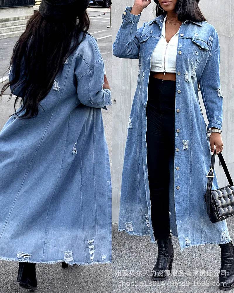 Kalenmos Women's Longline Denim Coat - Ripped Hem, Pockets, Stylish - Buy Center US