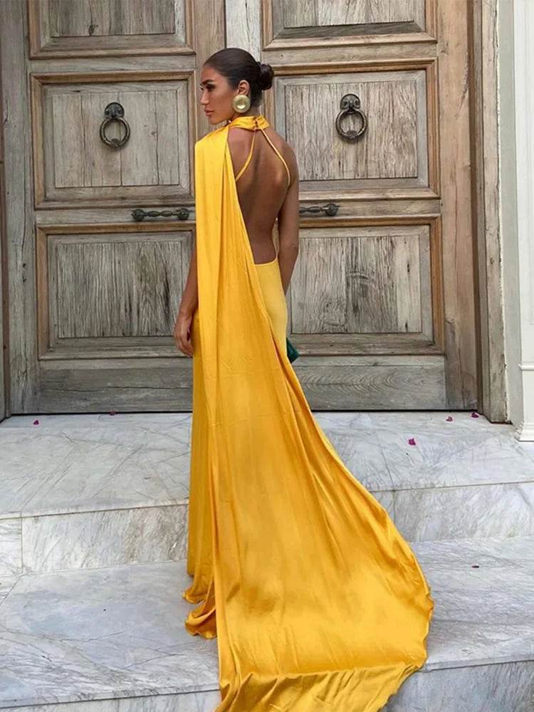 HTTEM Elegant Off Shoulder Halter Dress - Summer Slim Maxi Style - Buy Center US
