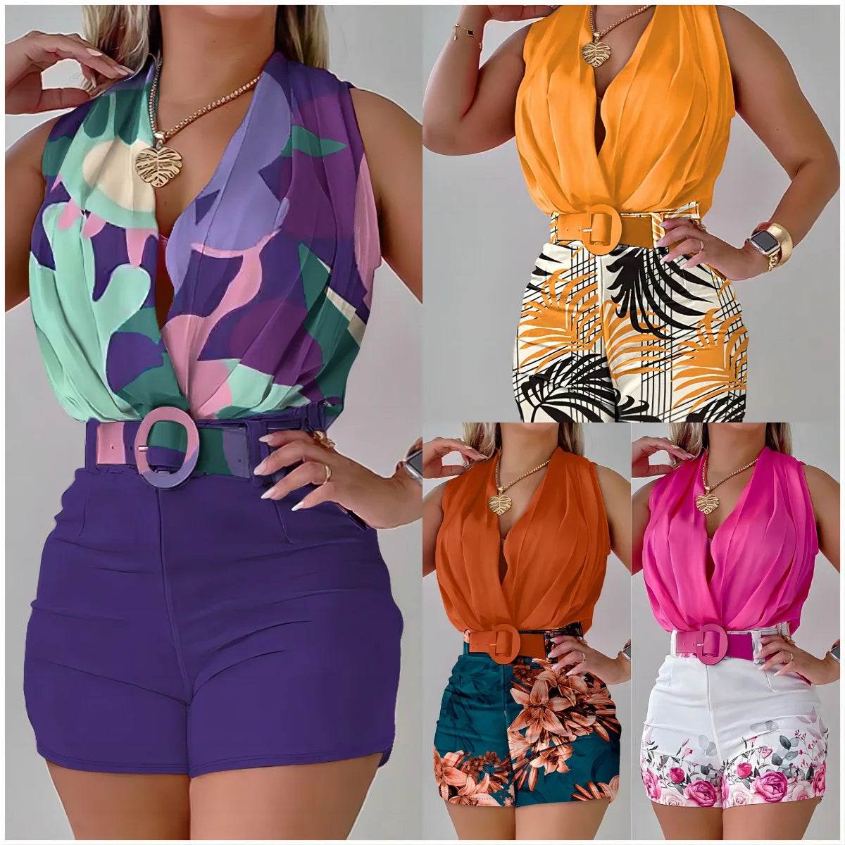 FUXIONGFU Women's Summer 2 Piece Set - Elegant Halter Top & Shorts - Buy Center US