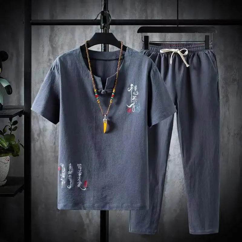2024 Chinese Style Men's Casual Cotton-Linen Shirt & Trousers Set - Buy Center US