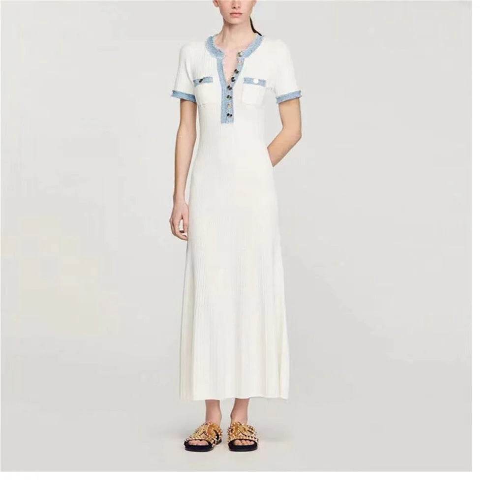 Elegant Women's Knit Maxi Dress - Chic O-neck with Metal Buttons - Buy Center US