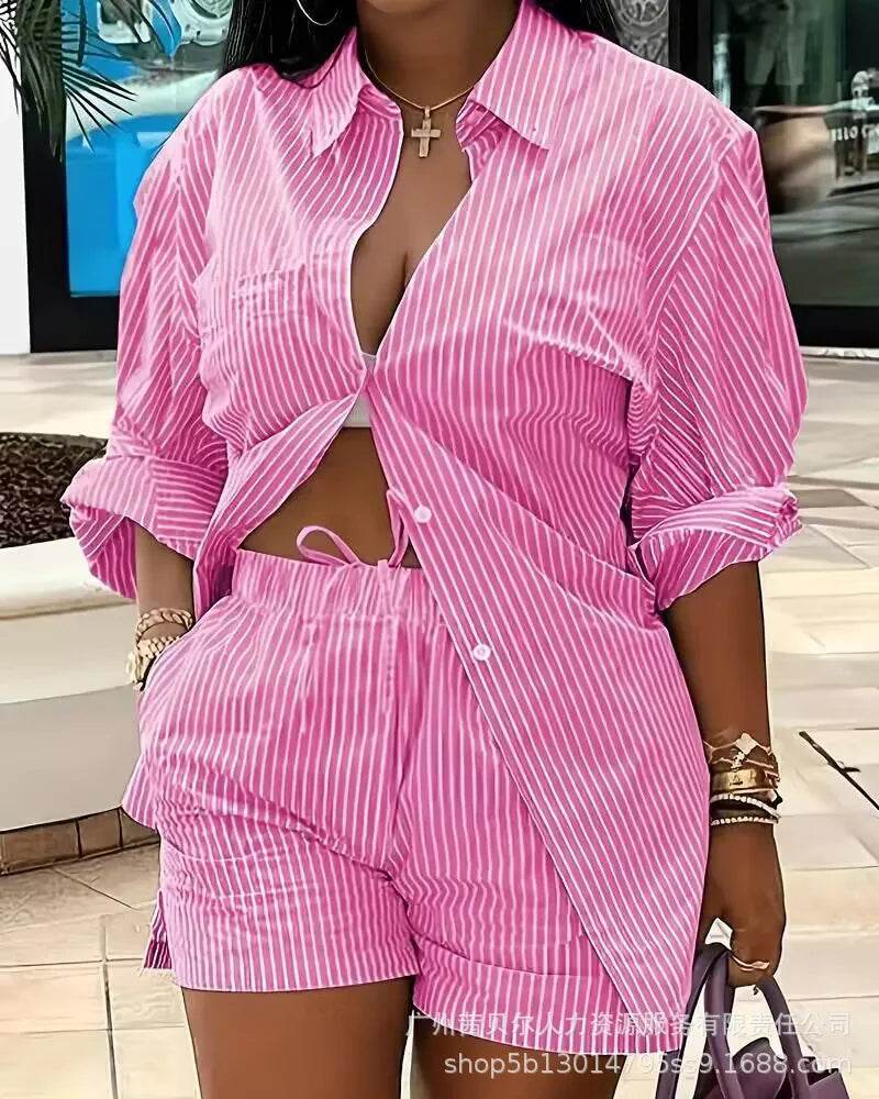 Mandylandy Women's Striped Two Piece Set - Casual Shirt & Shorts - Buy Center US