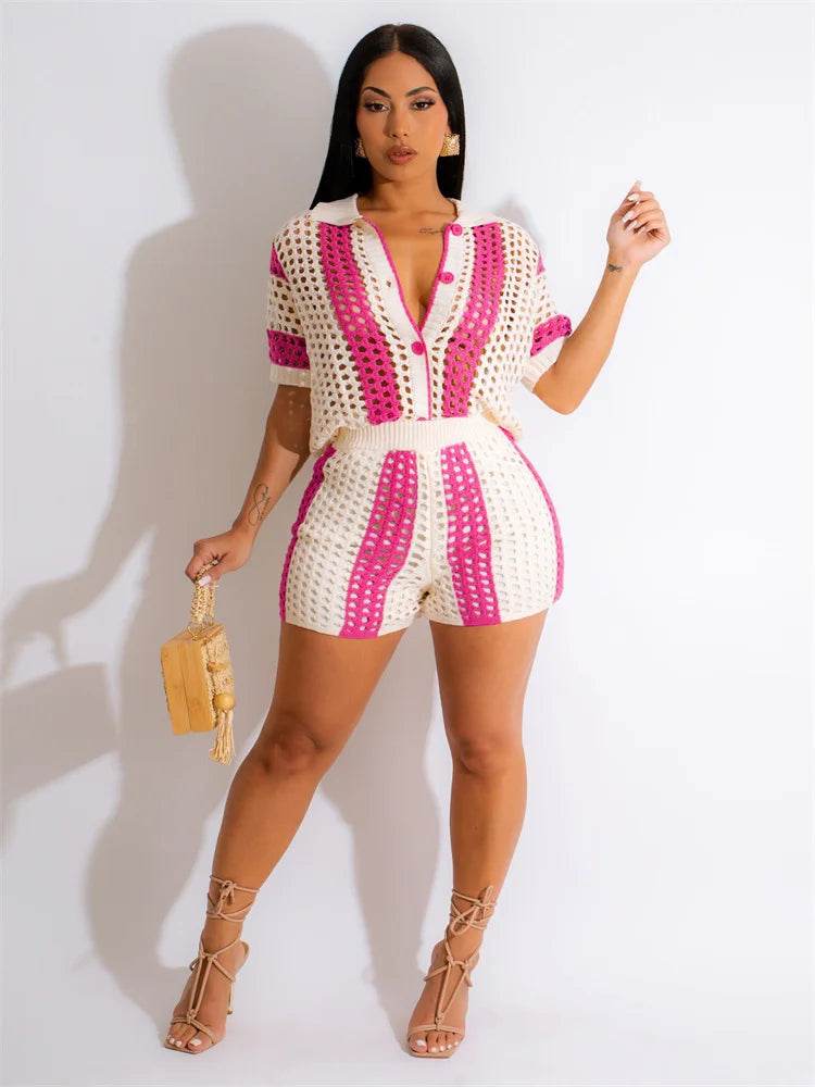 JRRY Sexy Women Knitted Beach Set - Turn Down Collar, Hollow Out - Buy Center US