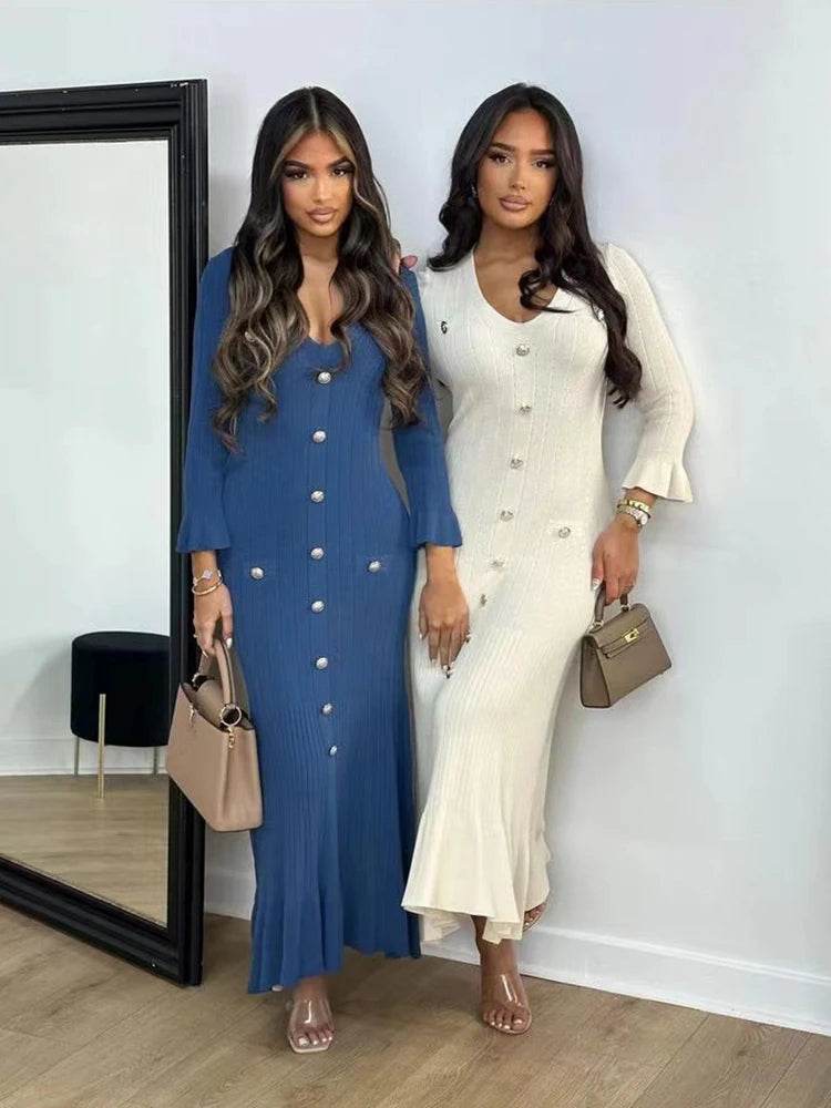 Elegant Women's Long Dress - Flare Sleeve V-Neck Ruffles Style - Buy Center US