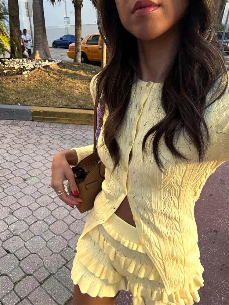 Tossy Women's Summer Knit Ruffled 2 Piece Set - Stylish Cardigan & Shorts - Buy Center US