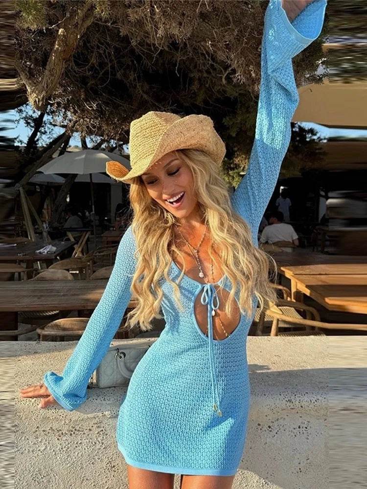 HFWomenFZ Holiday Mini Dress - Hollow Out Flare Sleeve Beach Style - Buy Center US
