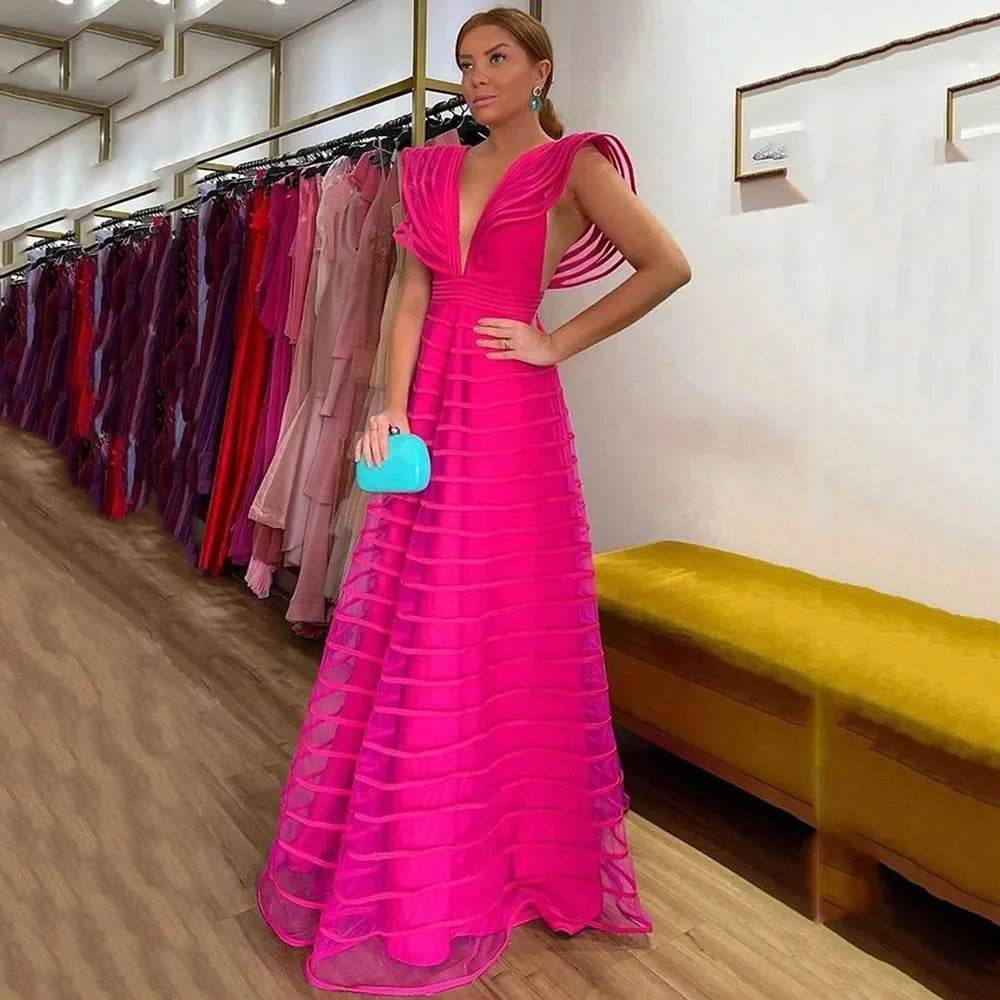 Fuchsia A-Line Formal Dress - Deep V-Neck Sleeveless Gown for Women - Buy Center US