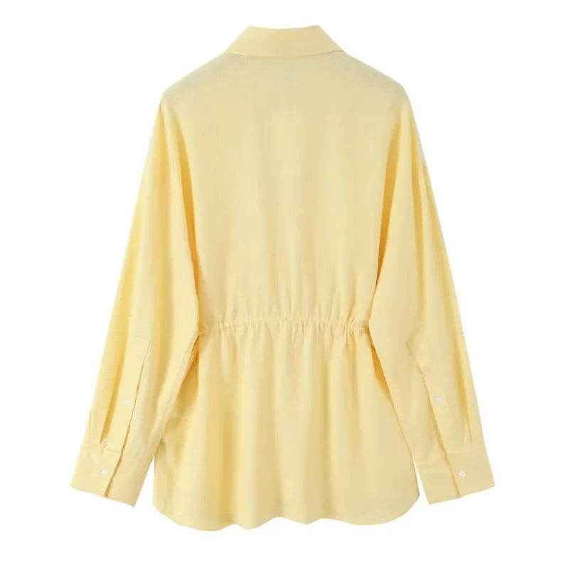 Women's Oversize Shirt with Belt - Casual Linen Blend, Long Sleeve - Buy Center US
