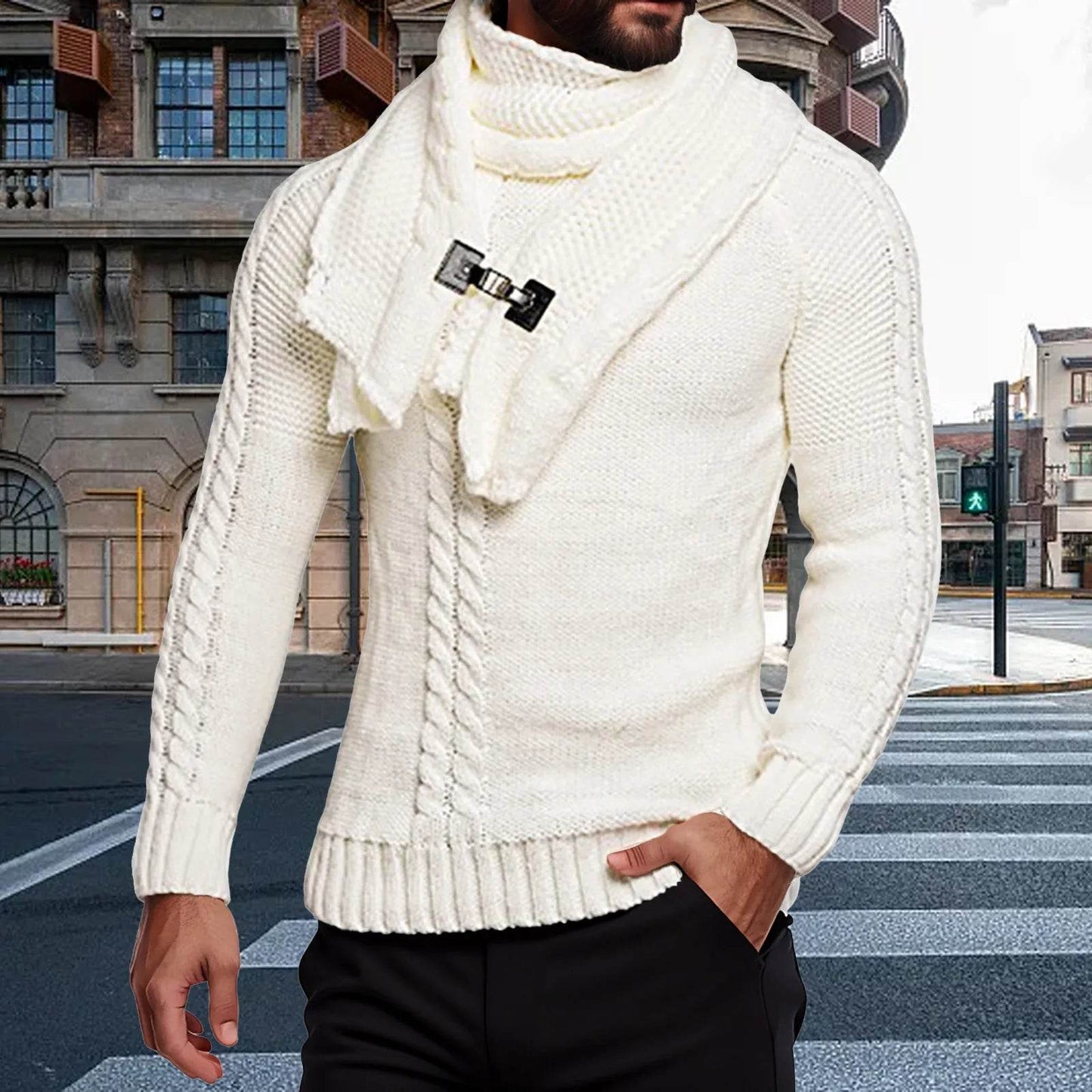 Men's Autumn Winter O-Neck Thermal Sweater & Scarf Set - Casual Layers - Buy Center US