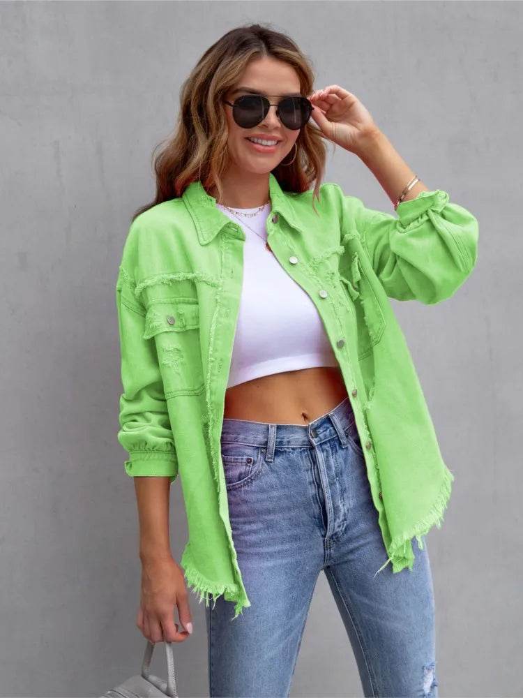 XXOWEN Women's Long Sleeve Denim Jacket - Casual Broken Hole Style - Buy Center US