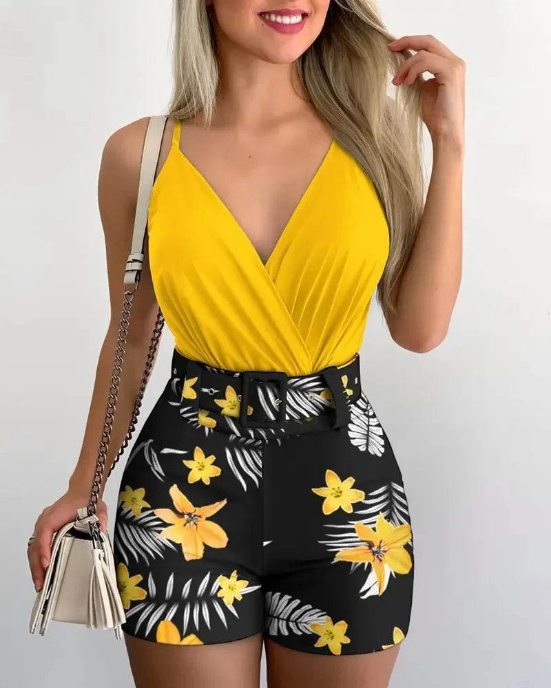 Summer Women's V-neck Floral Camisole & Shorts Set with Belt - Buy Center US