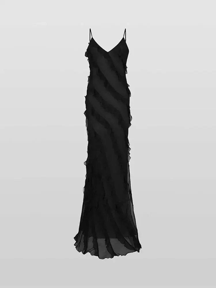 Koedse Sert Women’s Black Ruffle Hem Long Dress - Sexy V-Neck Style - Buy Center US