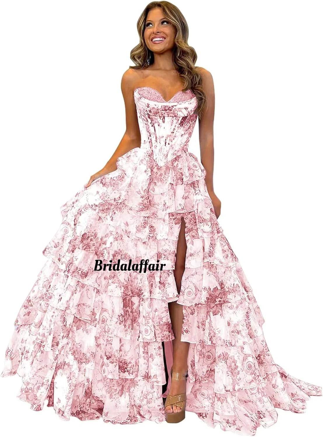 Strapless Floral Tiered Prom Dress - Sweetheart Neckline, A-Line Design - Buy Center US