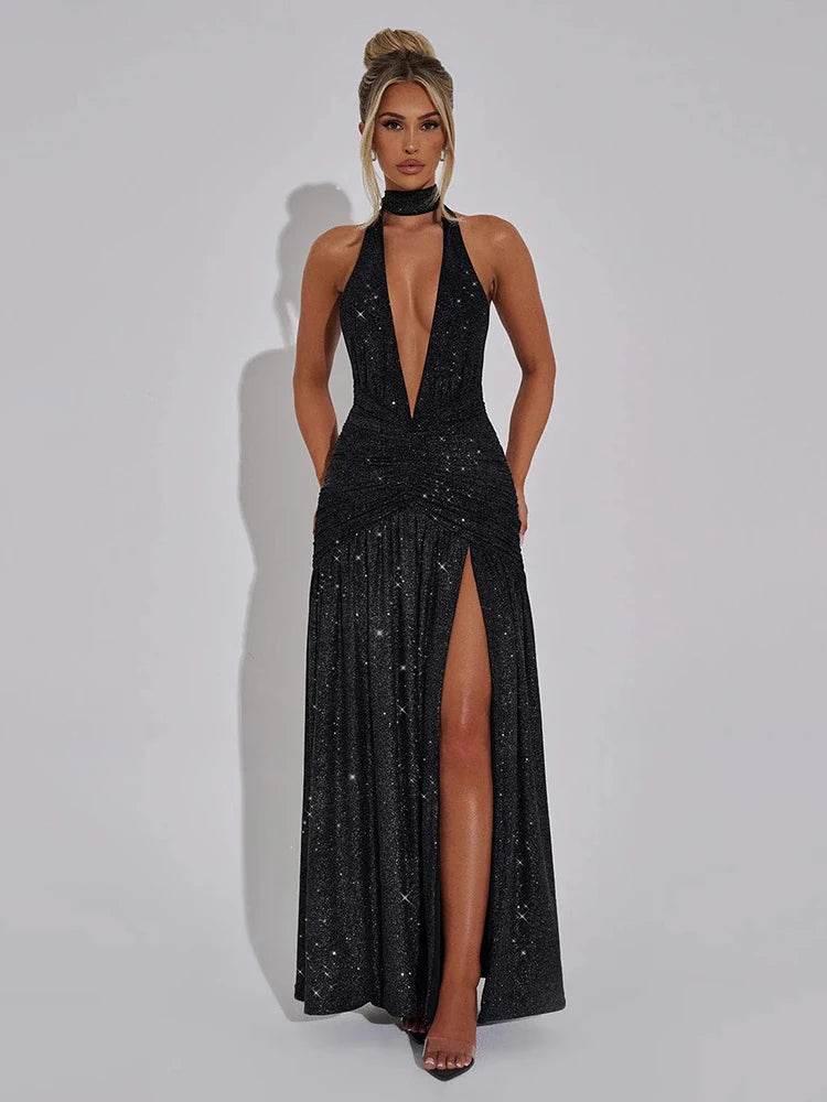 Mozision Deep V Neck Glitter Maxi Dress - Sexy Sleek & Backless - Buy Center US
