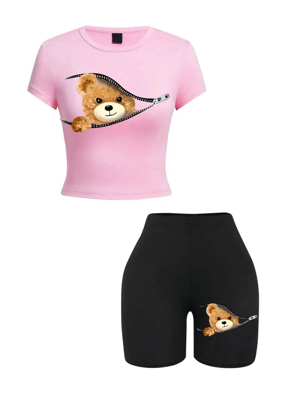 Teekossc Women's Slim Crop T-Shirt & Shorts Set - Teddy Bear Print - Buy Center US