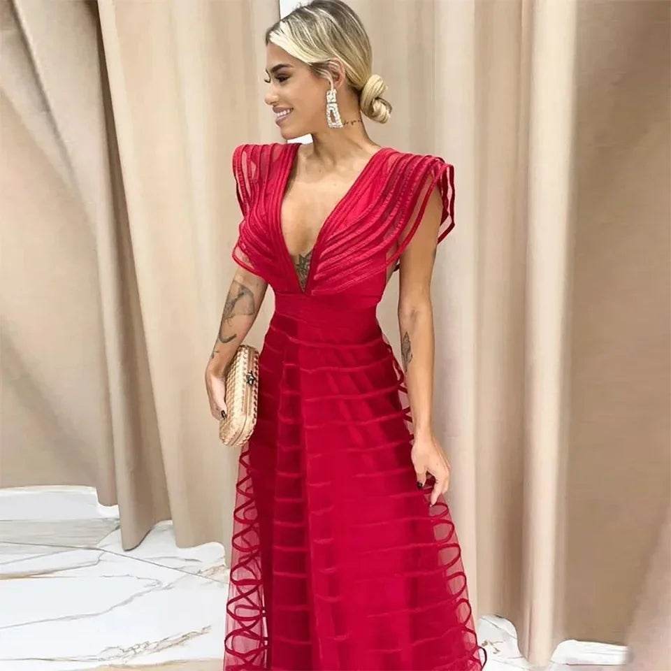 Fuchsia A-Line Formal Dress - Deep V-Neck Sleeveless Gown for Women - Buy Center US