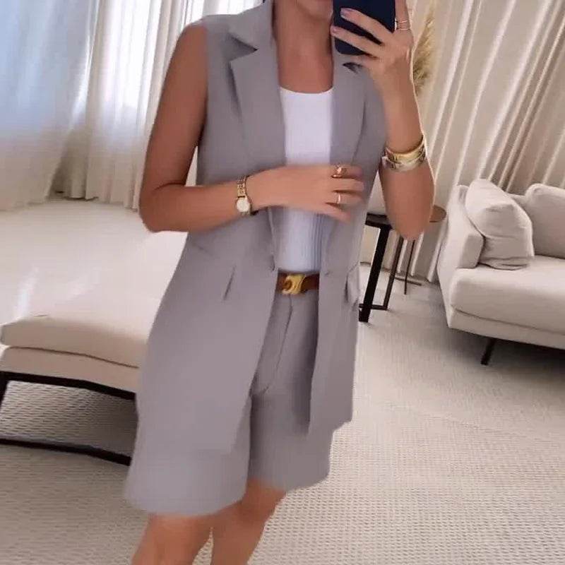Elegant Women’s Two Piece Short Set - Sleeveless Blazer & Shorts - Buy Center US