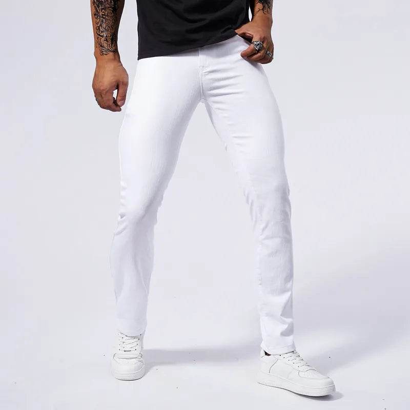 Men's White Casual Stretch Jeans - Ankle-Length Straight Fit - Buy Center US