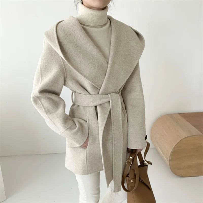 Ladies Hooded Lace Up Woolen Jacket - Elegant Vintage Outerwear - Buy Center US
