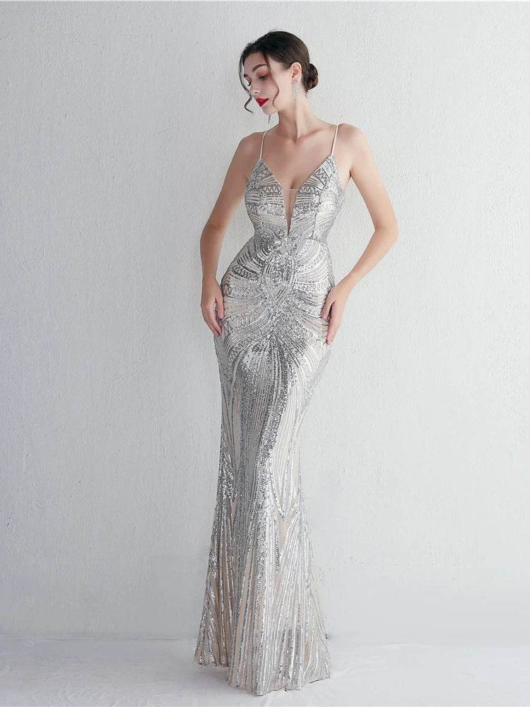 HBLL Sexy V Neck Maxi Dress - Purple Sequin Formal Gown for Parties - Buy Center US