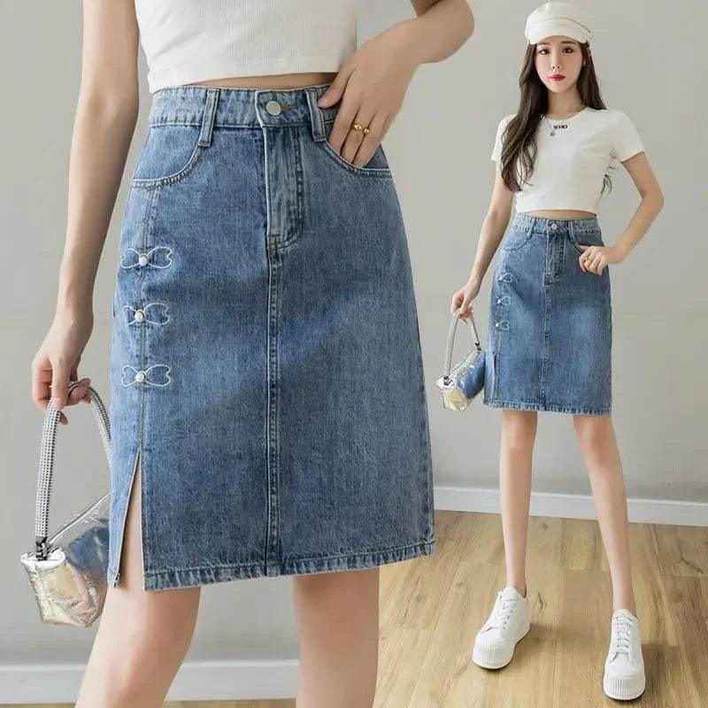 Kawaii Women's Denim Midi Skirt - Elegant A-Line Casual Style - Buy Center US