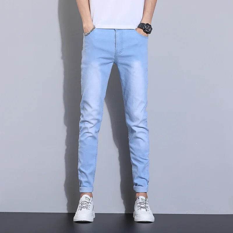 Sky Blue Slim Fit Denim Pants for Men - Classic Smart Casual Style - Buy Center US