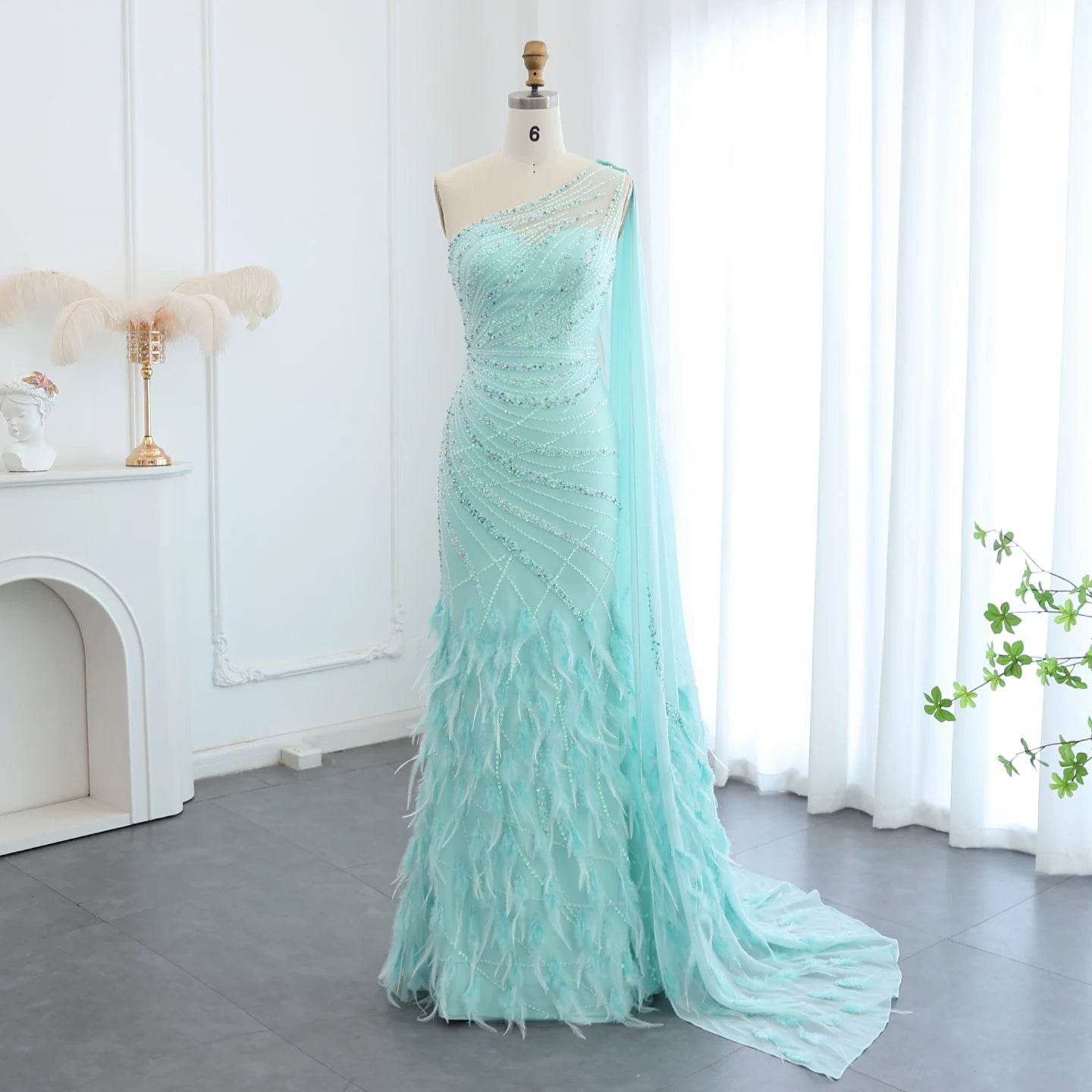 Sharon Said One-Shoulder Evening Dress - Turquoise Aqua with Cape Train - Buy Center US