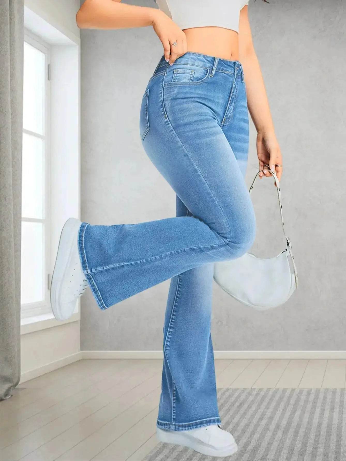 Ladies' High Waisted Flared Jeans - Casual Elastic Denim Style - Buy Center US