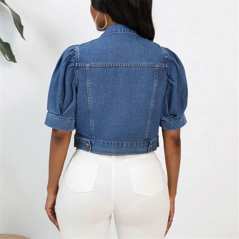 Stylish Women’s Denim Cardigan - Short Puff Sleeve Jacket - Buy Center US
