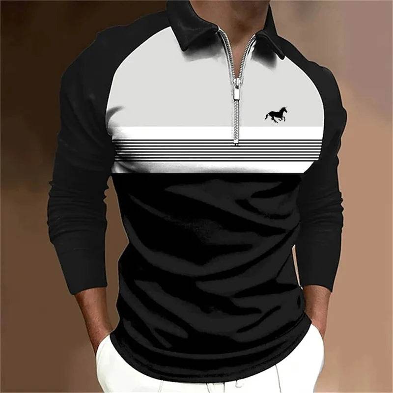 Men's Casual Long Sleeve Polo Shirt - Quick Drying with Zipper, Striped - Buy Center US