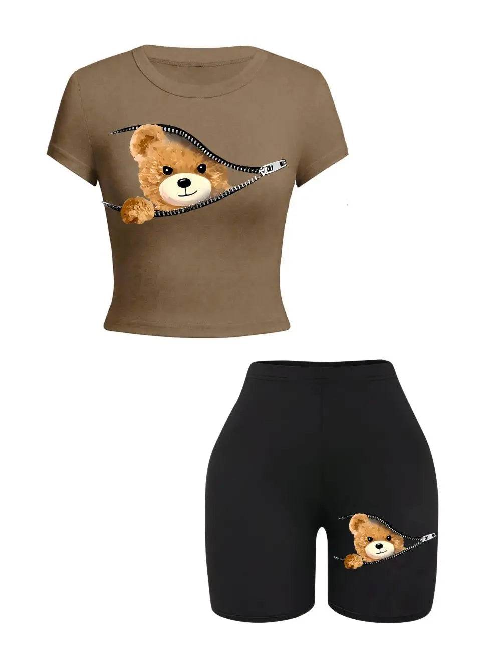 Teekossc Women's Slim Crop T-Shirt & Shorts Set - Teddy Bear Print - Buy Center US