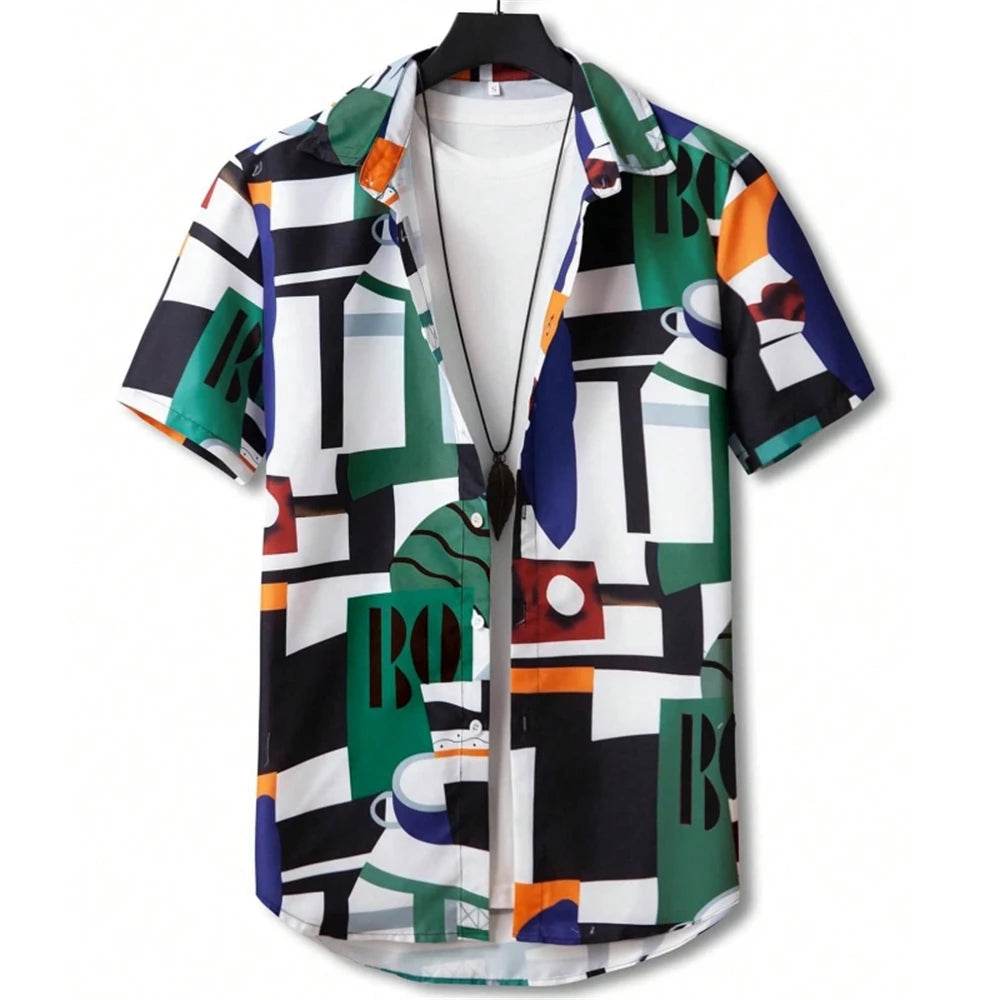 3D Printed Color Block Men's Hawaiian Shirt - Short Sleeve Casual Blouse - Buy Center US