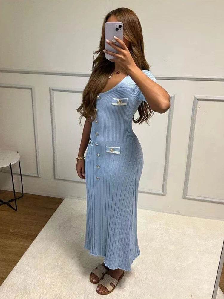 Elegant V-Neck Knitted Dress - Short Sleeve Bodycon for Office - Buy Center US